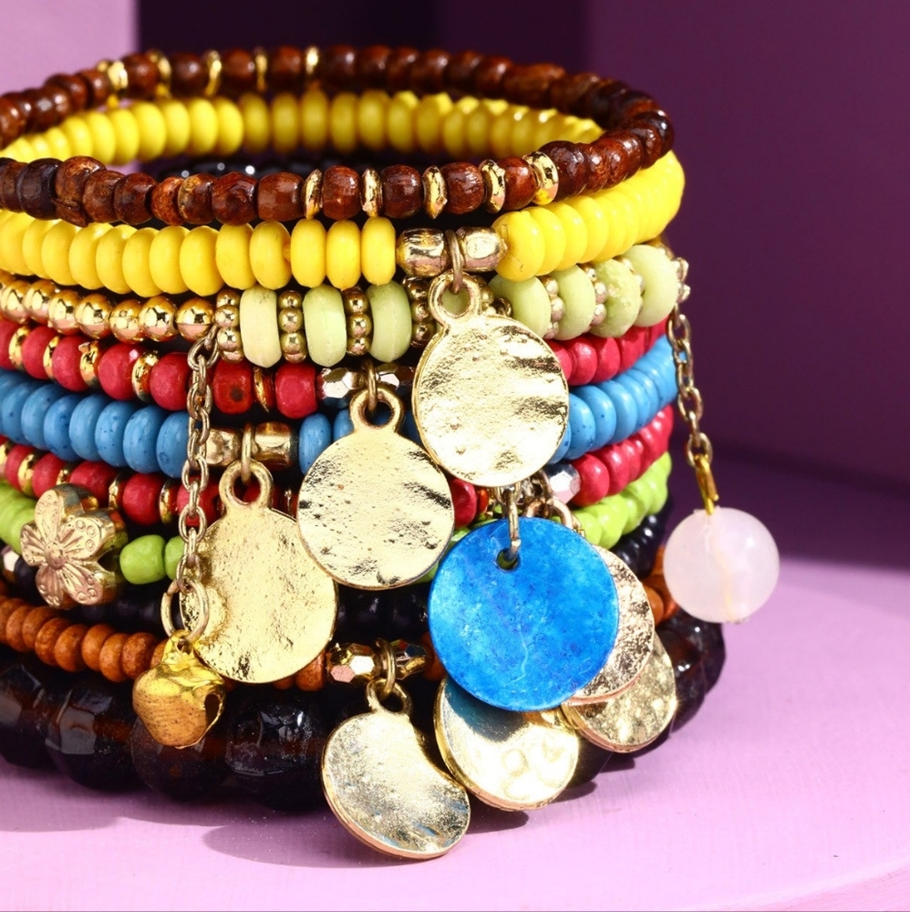 Vibrant Multicolor Bohemian Beaded Bracelet Set w Metal Coins & Multiple Charms - Picture 3 of 3
